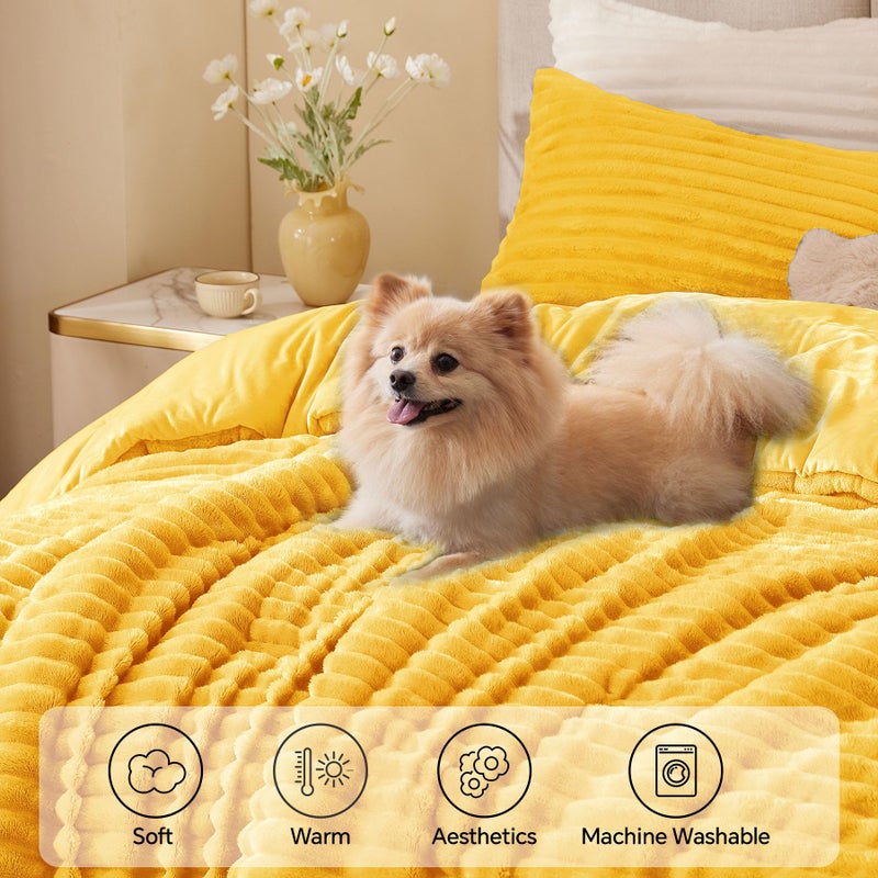 BEDELITE Fleece Queen Comforter Set -Super Soft & Warm Fluffy Bright Yellow Bedding, Luxury Fuzzy Heavy Bed Set for Winter with 2 Pillow Cases - Image 3