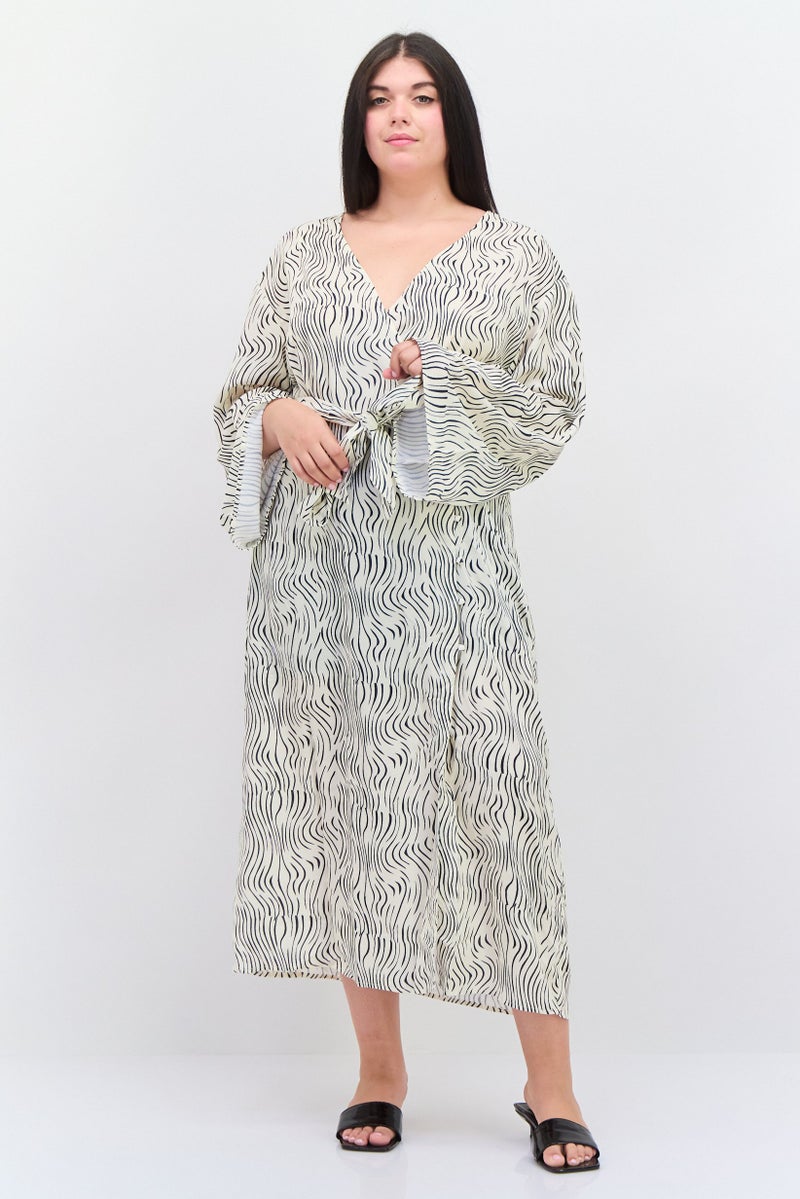 PRETTY LAVISH Women Allover Print Midi Dress, Beige - Image 1