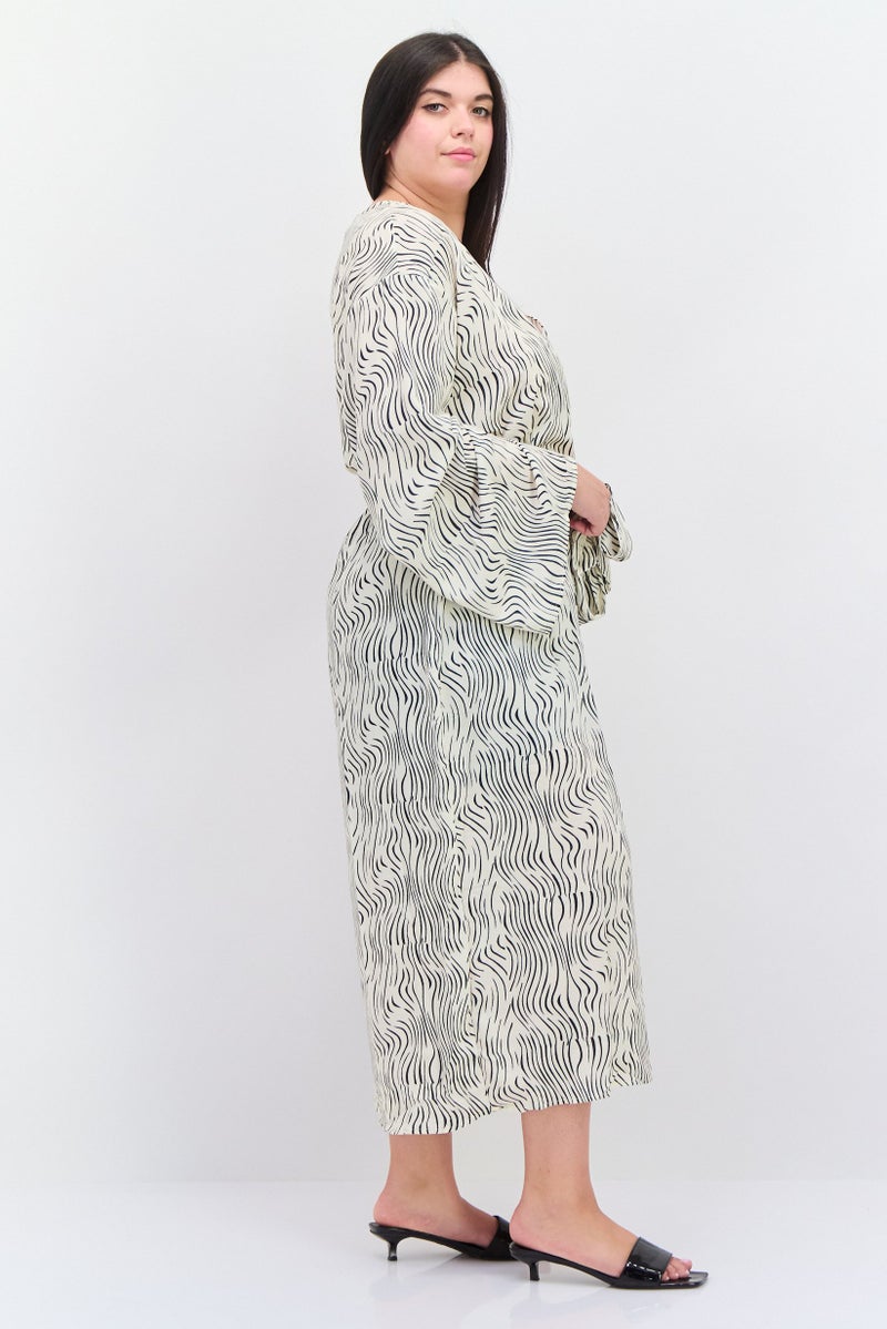 PRETTY LAVISH Women Allover Print Midi Dress, Beige - Image 4