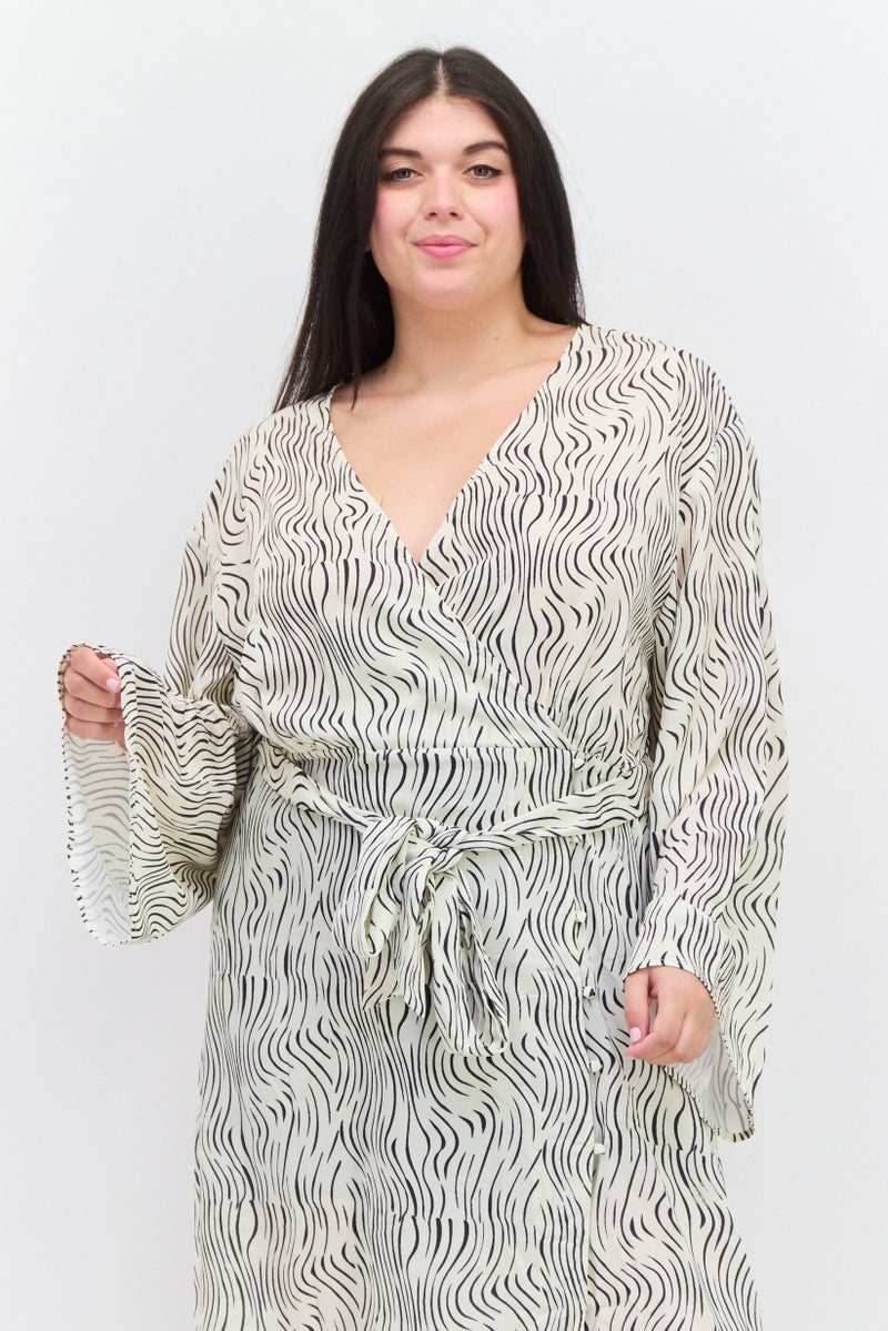 PRETTY LAVISH Women Allover Print Midi Dress, Beige - Image 2