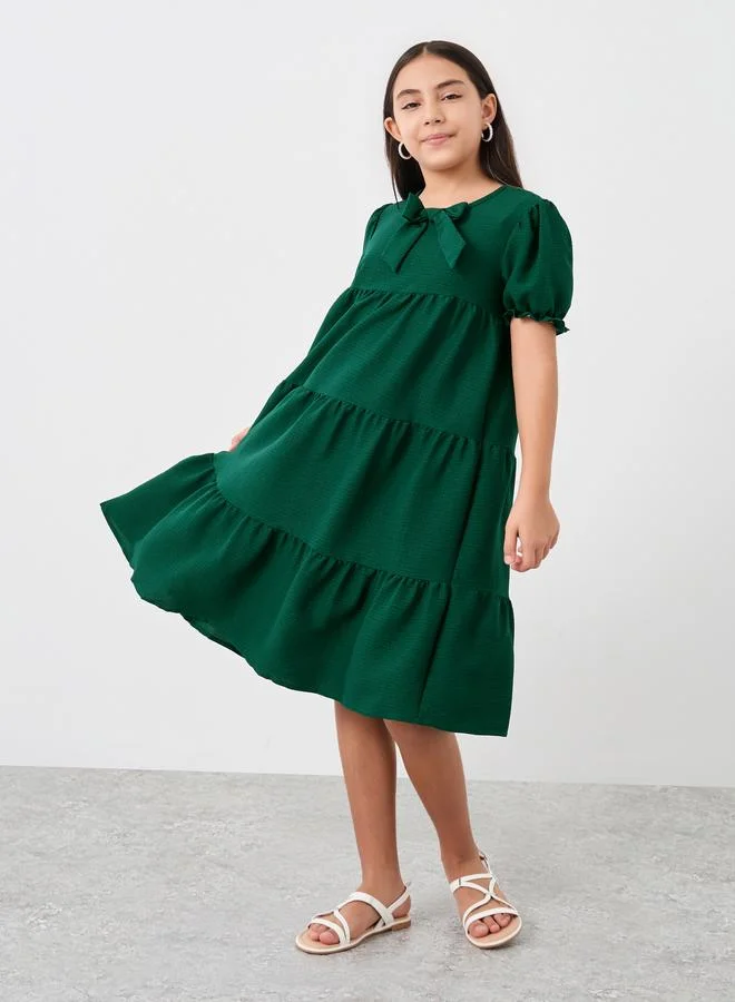 Styli Teen Green Textured Tiered Dress