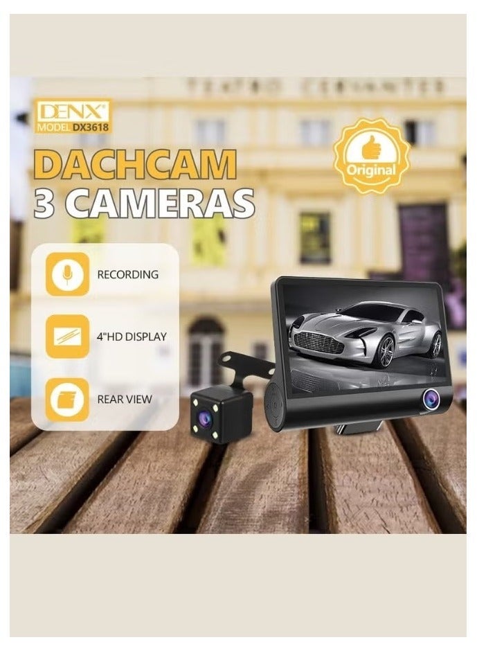 Denx Dash Cam Car Camera Features 3 Front, Rear and Interior Cameras for Comprehensive Coverage 4" HD Screen, Supports 128GB Card, Loop Recording, Motion Sensor and G-Sensor to Protect Videos - Image 1