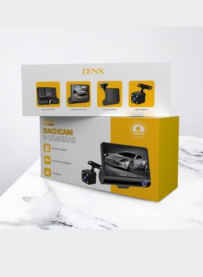 Denx Dash Cam Car Camera Features 3 Front, Rear and Interior Cameras for Comprehensive Coverage 4" HD Screen, Supports 128GB Card, Loop Recording, Motion Sensor and G-Sensor to Protect Videos - Image 3