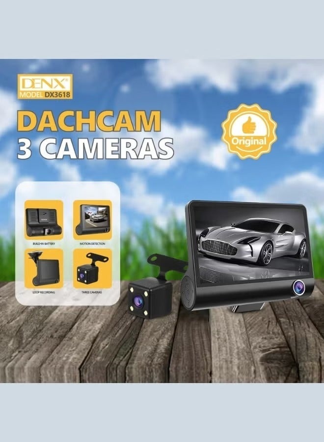 Denx Dash Cam Car Camera Features 3 Front, Rear and Interior Cameras for Comprehensive Coverage 4" HD Screen, Supports 128GB Card, Loop Recording, Motion Sensor and G-Sensor to Protect Videos - Image 4