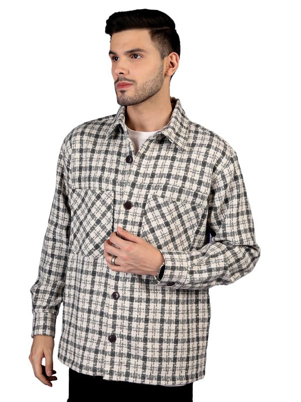 CHKOKKO Men Winter Shacket Stylish Flannel Plaid Jacket Shirt White Black S - Image 1