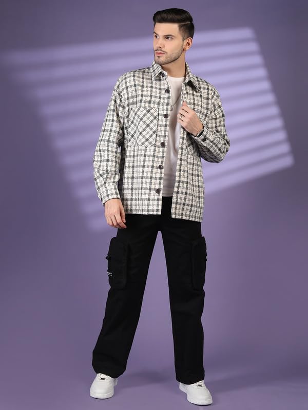 CHKOKKO Men Winter Shacket Stylish Flannel Plaid Jacket Shirt White Black S - Image 5