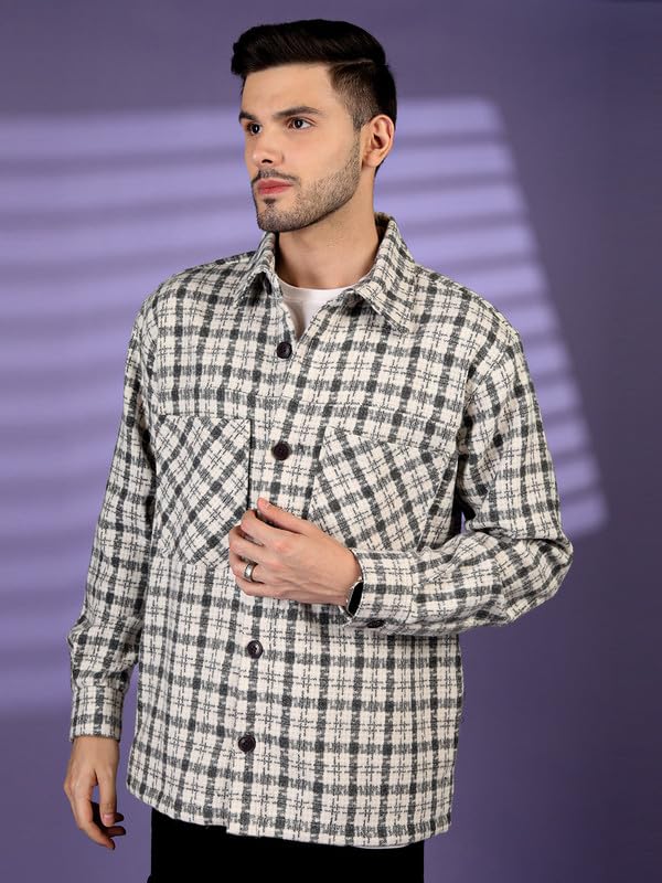 CHKOKKO Men Winter Shacket Stylish Flannel Plaid Jacket Shirt White Black S - Image 4