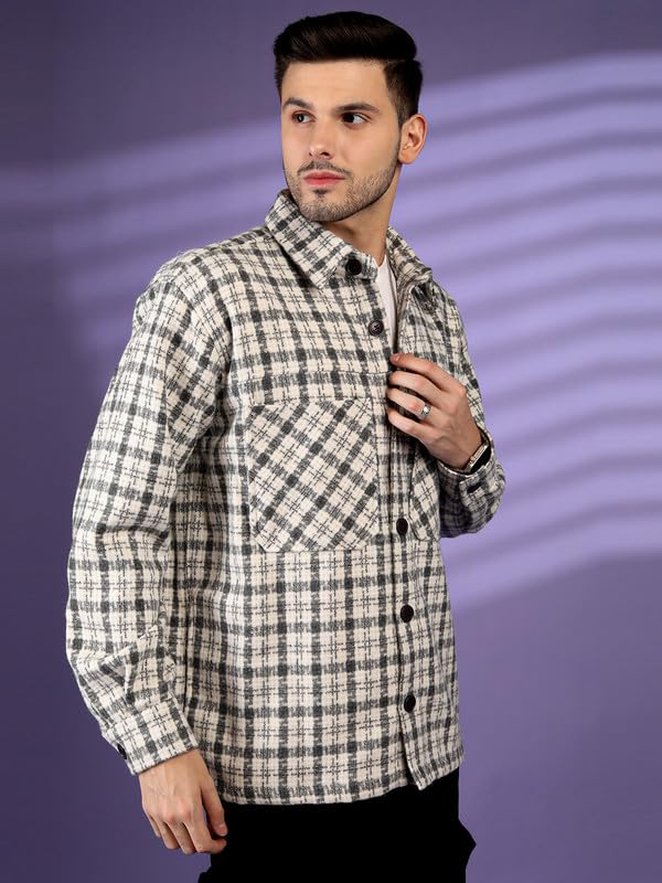 CHKOKKO Men Winter Shacket Stylish Flannel Plaid Jacket Shirt White Black S - Image 3