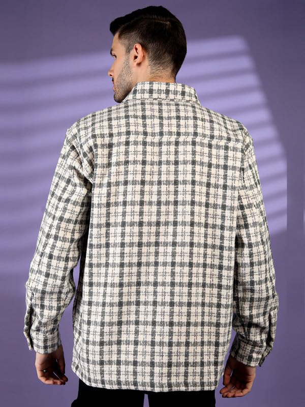 CHKOKKO Men Winter Shacket Stylish Flannel Plaid Jacket Shirt White Black S - Image 2