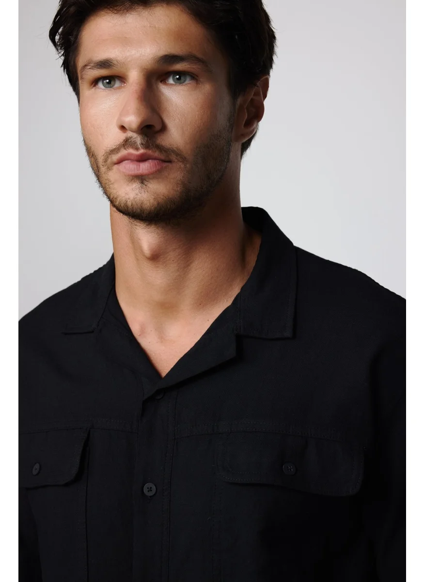 Tudors Relax Fit Oversize Short Sleeve Double Pocket Cotton Open Collar Black Shirt