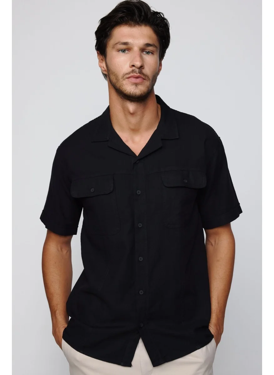 Tudors Relax Fit Oversize Short Sleeve Double Pocket Cotton Open Collar Black Shirt