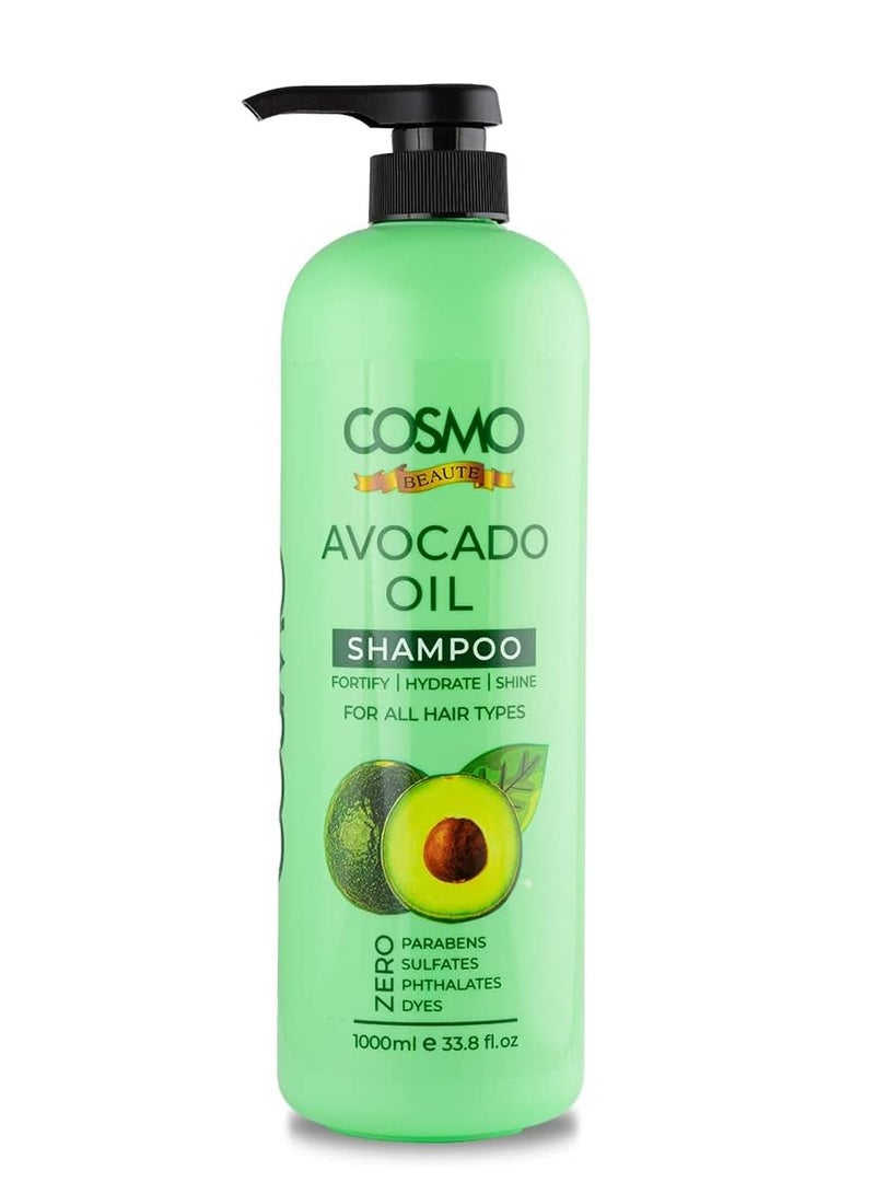 كوزمو شامبو زيت الأفوكادو من كوزمو بيوتي لجميع أنواع الشعر 1000 مل 33.8 أونصة سائلة، شامبو، تقوية، ترطيب، لمعان، خالي من البارابين، خالي من الكبريتات، خالي من الفثالات، خالي من الأصباغ، العناية بالشعر، للرجال والنساء - Image 1