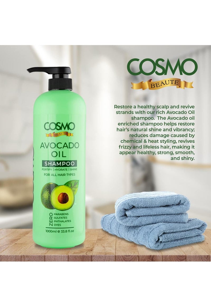 كوزمو شامبو زيت الأفوكادو من كوزمو بيوتي لجميع أنواع الشعر 1000 مل 33.8 أونصة سائلة، شامبو، تقوية، ترطيب، لمعان، خالي من البارابين، خالي من الكبريتات، خالي من الفثالات، خالي من الأصباغ، العناية بالشعر، للرجال والنساء - Image 2