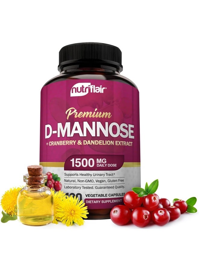 NutriFlair NutriFlair D Mannose 1500mg, 120 Capsules - with Cranberry and Dandelion Extract - Natural Urinary Tract Infection, UTI Support - Best DMannose Powder - Flush Impurities, Detox Body, for Women and Men  - Image 1