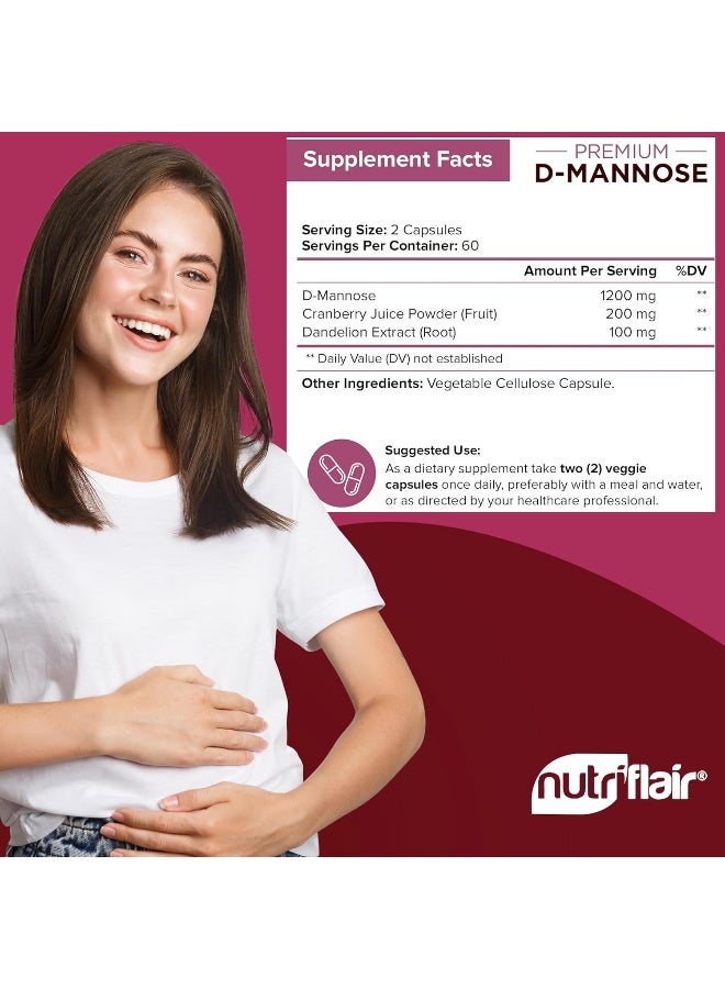 NutriFlair D Mannose 1500mg, 120 Capsules - with Cranberry and Dandelion Extract - Natural Urinary Tract Infection, UTI Support - Best DMannose Powder - Flush Impurities, Detox Body, for Women and Men - Image 3