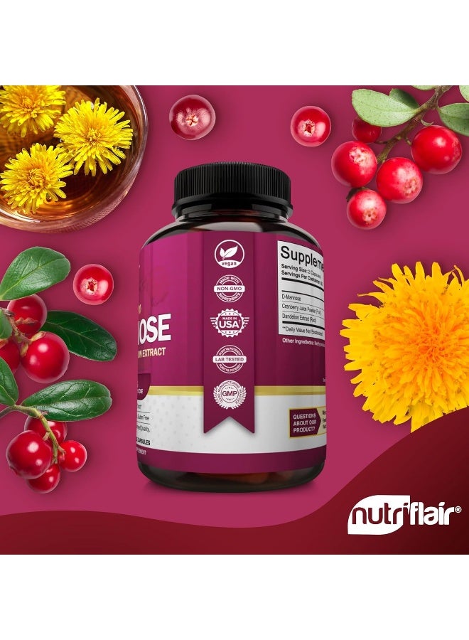 NutriFlair D Mannose 1500mg, 120 Capsules - with Cranberry and Dandelion Extract - Natural Urinary Tract Infection, UTI Support - Best DMannose Powder - Flush Impurities, Detox Body, for Women and Men - Image 2
