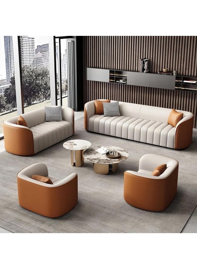 Zayn comforts Premium Leather Complete Sofa Set â€“ 3 Seater Sofa + 2 Seater Loveseat with 2 Armchairs for Elegant Living Room Seating (Orange) - Image 1