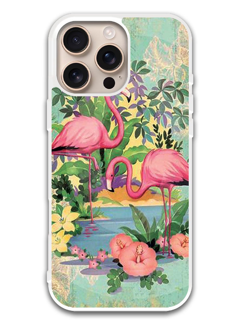 Theodor Protective Case Cover For APPLE IPHONE 16 Pro Pink Flamingoes (White Bumper) - Image 1