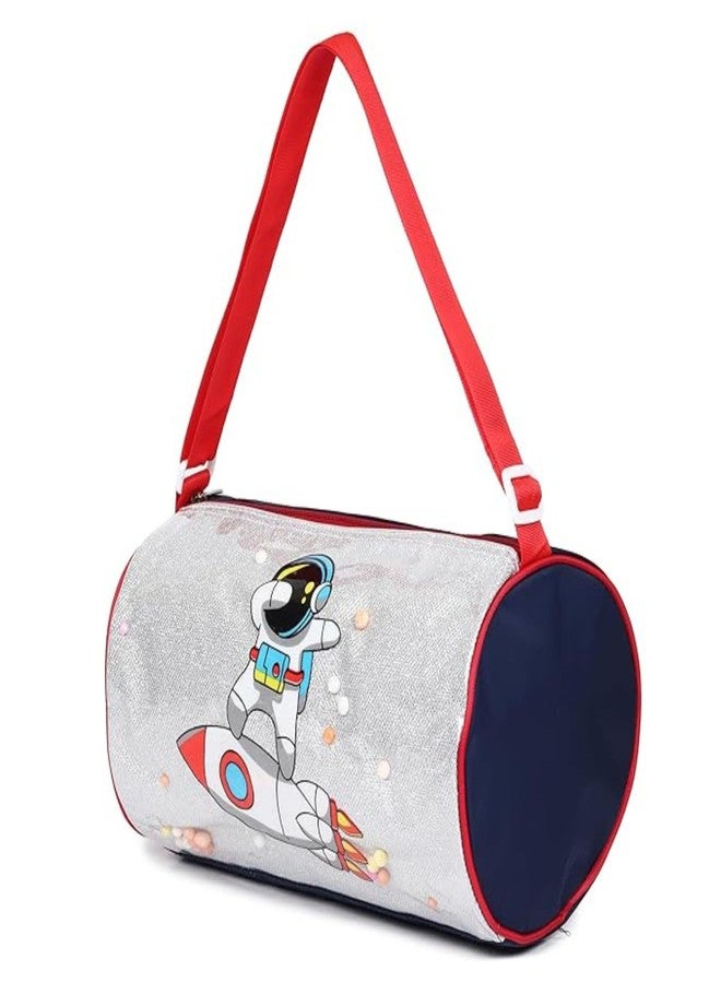 Fash-N-Vibe Kids Space Astronaut Duffle Bag with Glitter Design, Silver and Red, Rocket Ship Pattern - Image 3