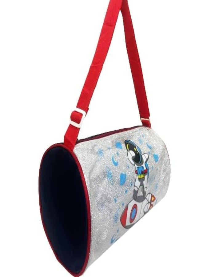 Fash-N-Vibe Kids Space Astronaut Duffle Bag with Glitter Design, Silver and Red, Rocket Ship Pattern - Image 2
