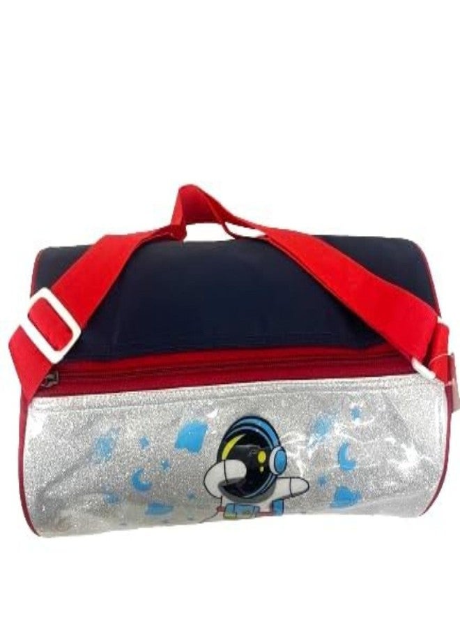 Fash-N-Vibe Kids Space Astronaut Duffle Bag with Glitter Design, Silver and Red, Rocket Ship Pattern - Image 4