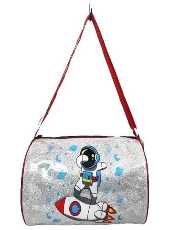 Fash-N-Vibe Kids Space Astronaut Duffle Bag with Glitter Design, Silver and Red, Rocket Ship Pattern - Image 1