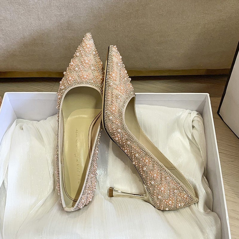 Women's Rhinestone & Pearl Wedding Heels | Chinese-Style Bridal Pumps | 7cm & 4.5cm Heel Options | Comfort-Focused Design for Brides & Bridesmaids | Multiple Colors Available - Image 1