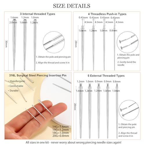 LORACOXS 12PCS Body Piercing Taper Insertion Tool Kit 14G 16G 18G 20G Piercing Changing Tool Internal/External Threaded/Push In Piercing Threader Tool for Ear/Nose/Navel/Nipple/Lip/Eyebrow/Tongue - Image 4
