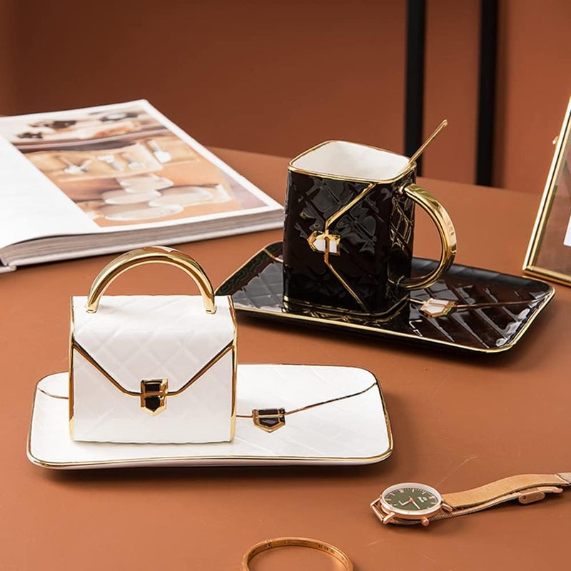 Leepesx Special HandbagShaped Coffee Mug Set with Saucer  Spoon 310ML Coffee Cup Ceramic Tea Cup Birthday Festival Gift for Mom Grandmom Wife Girlfriend Black - Image 5