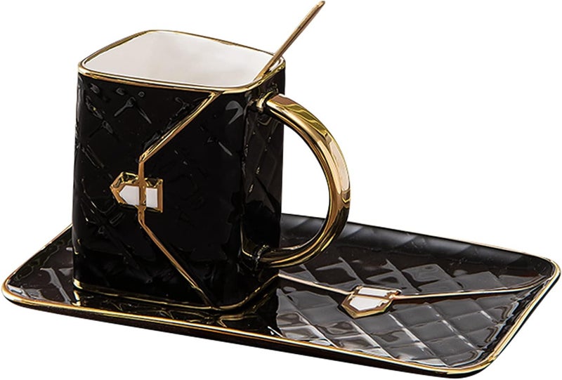 Leepesx Special HandbagShaped Coffee Mug Set with Saucer  Spoon 310ML Coffee Cup Ceramic Tea Cup Birthday Festival Gift for Mom Grandmom Wife Girlfriend Black - Image 1