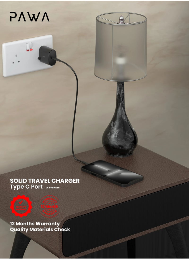 Pawa - Single PD 20W Wall Charger UK with Type-C to Type-C Cable / Wide compatibility / Portable & Elegant - Black - Image 1