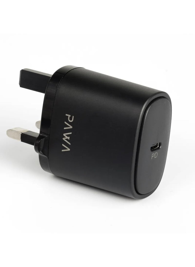 Pawa - Single PD 20W Wall Charger UK with Type-C to Type-C Cable / Wide compatibility / Portable & Elegant - Black - Image 1