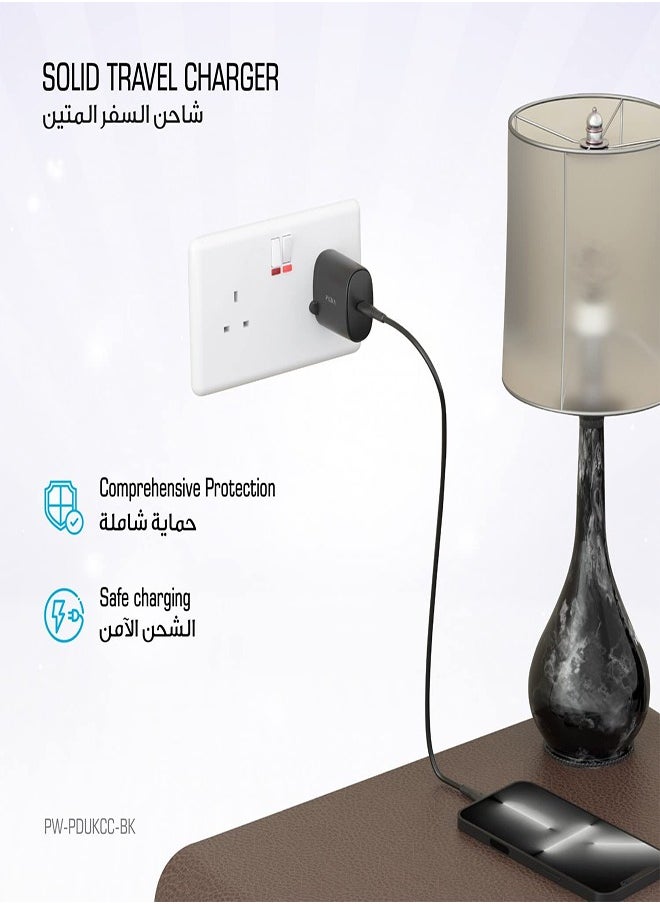 Pawa - Single PD 20W Wall Charger UK with Type-C to Type-C Cable / Wide compatibility / Portable & Elegant - Black - Image 1