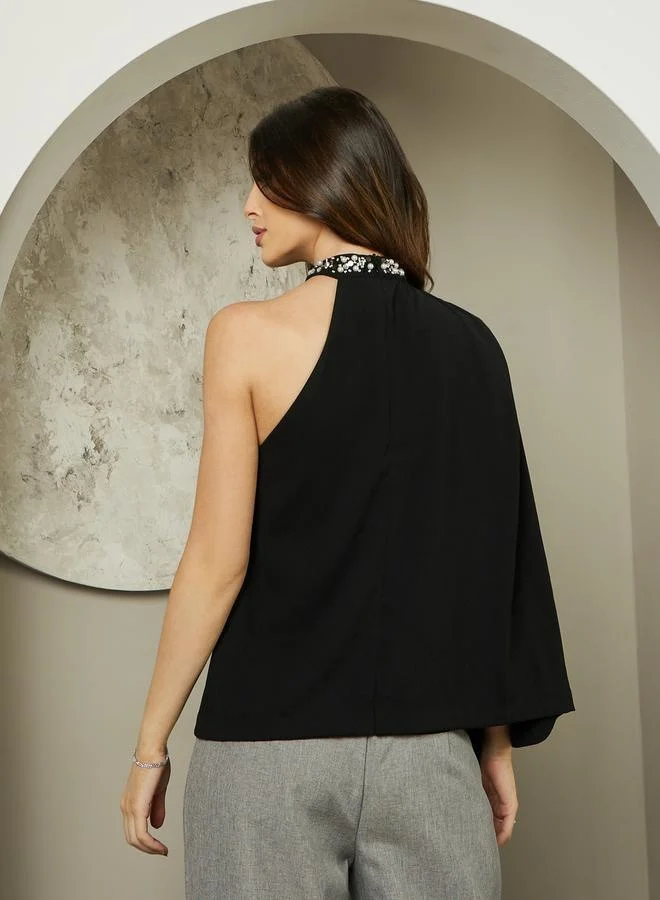Styli Embellished One Cape Sleeve Halter Neck Blouse