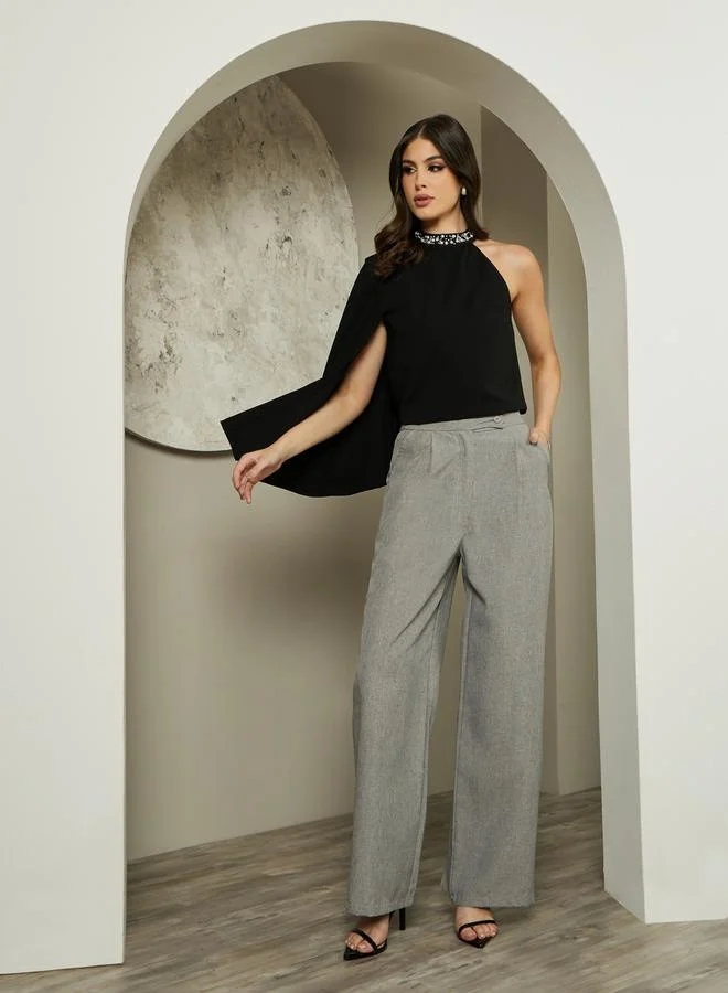Styli Embellished One Cape Sleeve Halter Neck Blouse