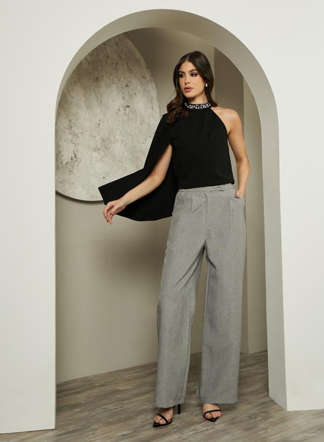 Styli Embellished One Cape Sleeve Halter Neck Blouse - Image 3