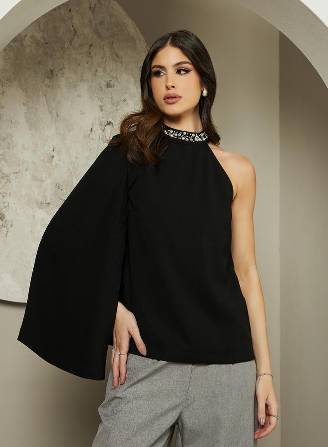 Styli Embellished One Cape Sleeve Halter Neck Blouse - Image 2