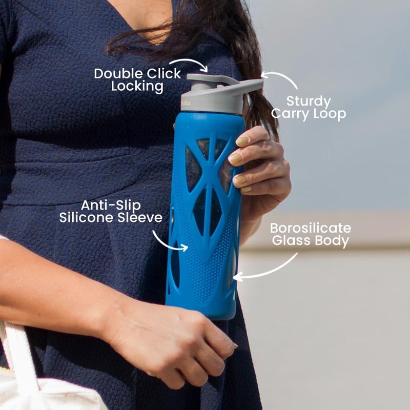 TintBox Glass Water Bottle with Protective Silicone Cover Glass Water Bottle for Office Home Fridge Gym Travel BPA Free Glass Bottle Power Blue 750ml - Image 3
