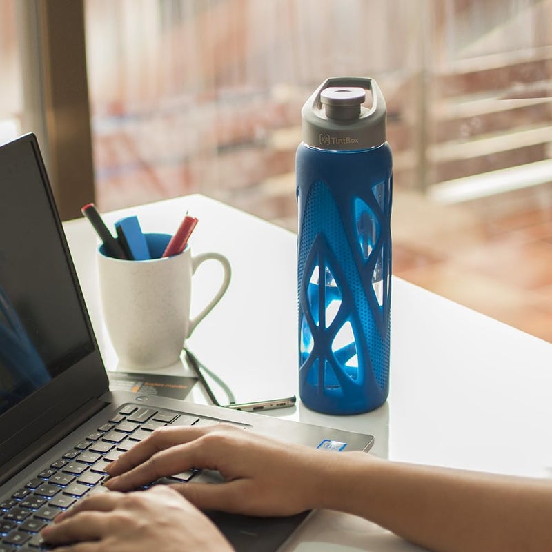 TintBox Glass Water Bottle with Protective Silicone Cover Glass Water Bottle for Office Home Fridge Gym Travel BPA Free Glass Bottle Power Blue 750ml - Image 2