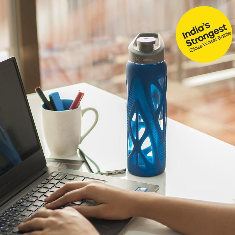 TintBox Glass Water Bottle with Protective Silicone Cover Glass Water Bottle for Office Home Fridge Gym Travel BPA Free Glass Bottle Power Blue 750ml - Image 4