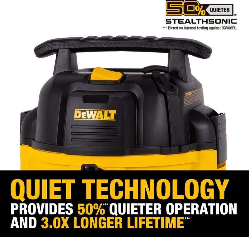 DEWALT مكنسة ديوليت 6 جالون ستيلث سونيك للتسوق رطبة وجافة DXV06PL-QT، هادئة للغاية 4 حصان ذروة مكنسة رطبة وجافة لموقع العمل وورشة العمل - Image 4