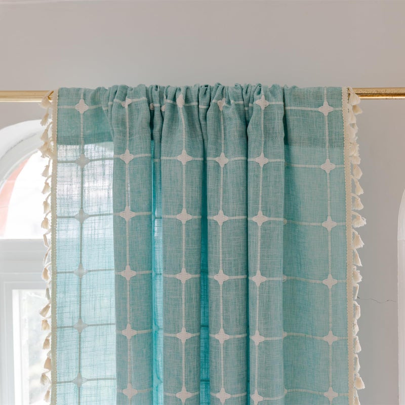 Deeprove Green Boho Curtains 84 Inches Long for Bedroom Nursery Room, Cotton Linen Teal Plaids Embroidery Semi Blackout Bohemian Window Treatment Grids Drape Tassels, 1 Panel W52 x L84, Aqua - Image 1