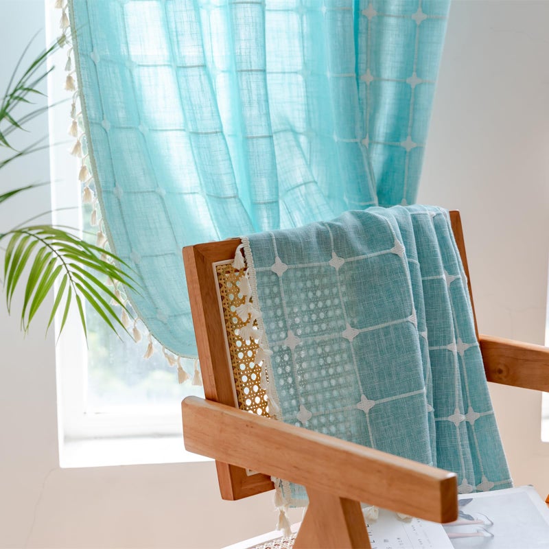 Deeprove Green Boho Curtains 84 Inches Long for Bedroom Nursery Room, Cotton Linen Teal Plaids Embroidery Semi Blackout Bohemian Window Treatment Grids Drape Tassels, 1 Panel W52 x L84, Aqua - Image 3