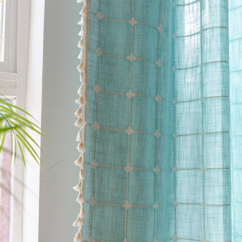 Deeprove Green Boho Curtains 84 Inches Long for Bedroom Nursery Room, Cotton Linen Teal Plaids Embroidery Semi Blackout Bohemian Window Treatment Grids Drape Tassels, 1 Panel W52 x L84, Aqua - Image 5