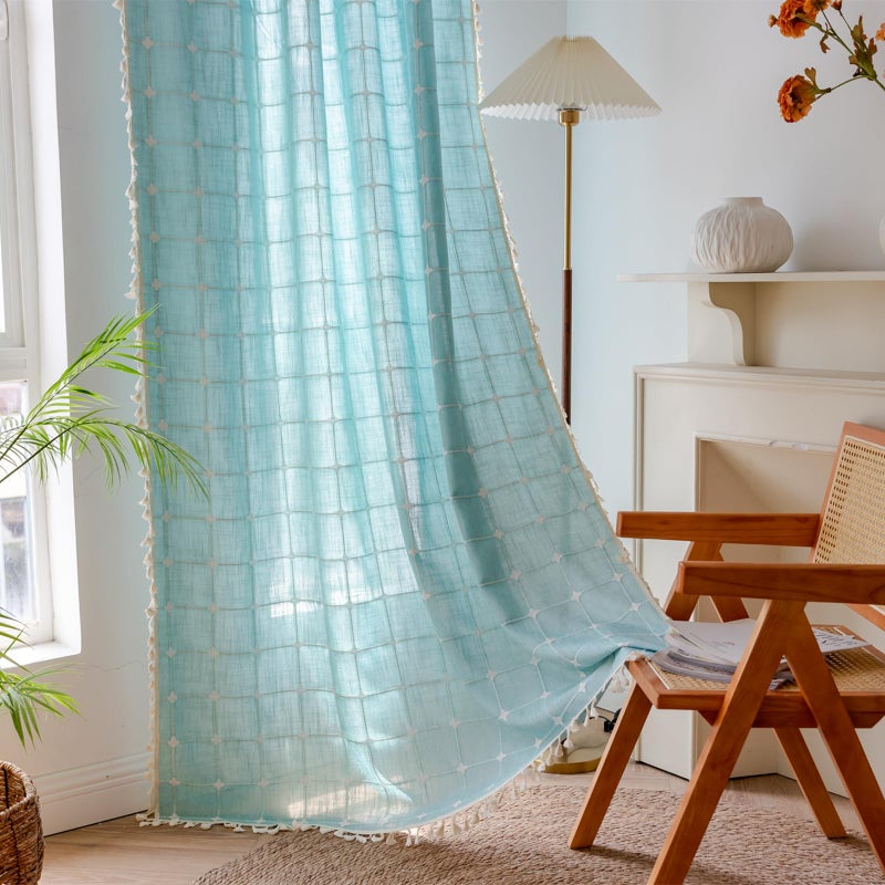 Deeprove Green Boho Curtains 84 Inches Long for Bedroom Nursery Room, Cotton Linen Teal Plaids Embroidery Semi Blackout Bohemian Window Treatment Grids Drape Tassels, 1 Panel W52 x L84, Aqua - Image 2