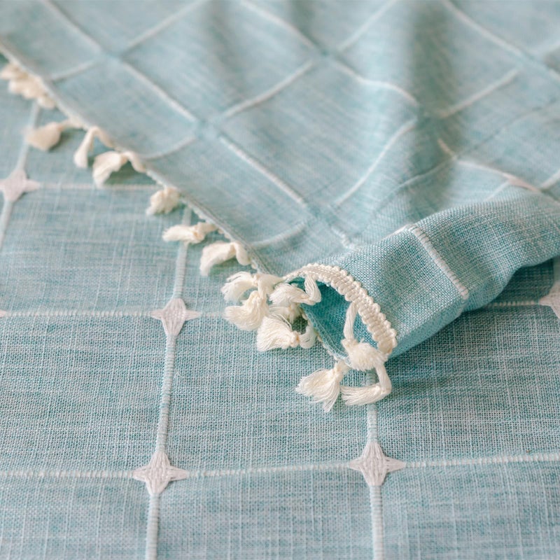 Deeprove Green Boho Curtains 84 Inches Long for Bedroom Nursery Room, Cotton Linen Teal Plaids Embroidery Semi Blackout Bohemian Window Treatment Grids Drape Tassels, 1 Panel W52 x L84, Aqua - Image 4