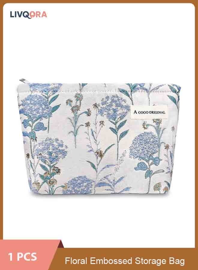 LIVQORA Luxury Makeup Bag for Women, Large Capacity Canvas Toiletry Organizer with Zipper, Floral Oil Painting Embossed Design, Travel Cosmetic Bag (Blue Gold Dandelion) - Image 1