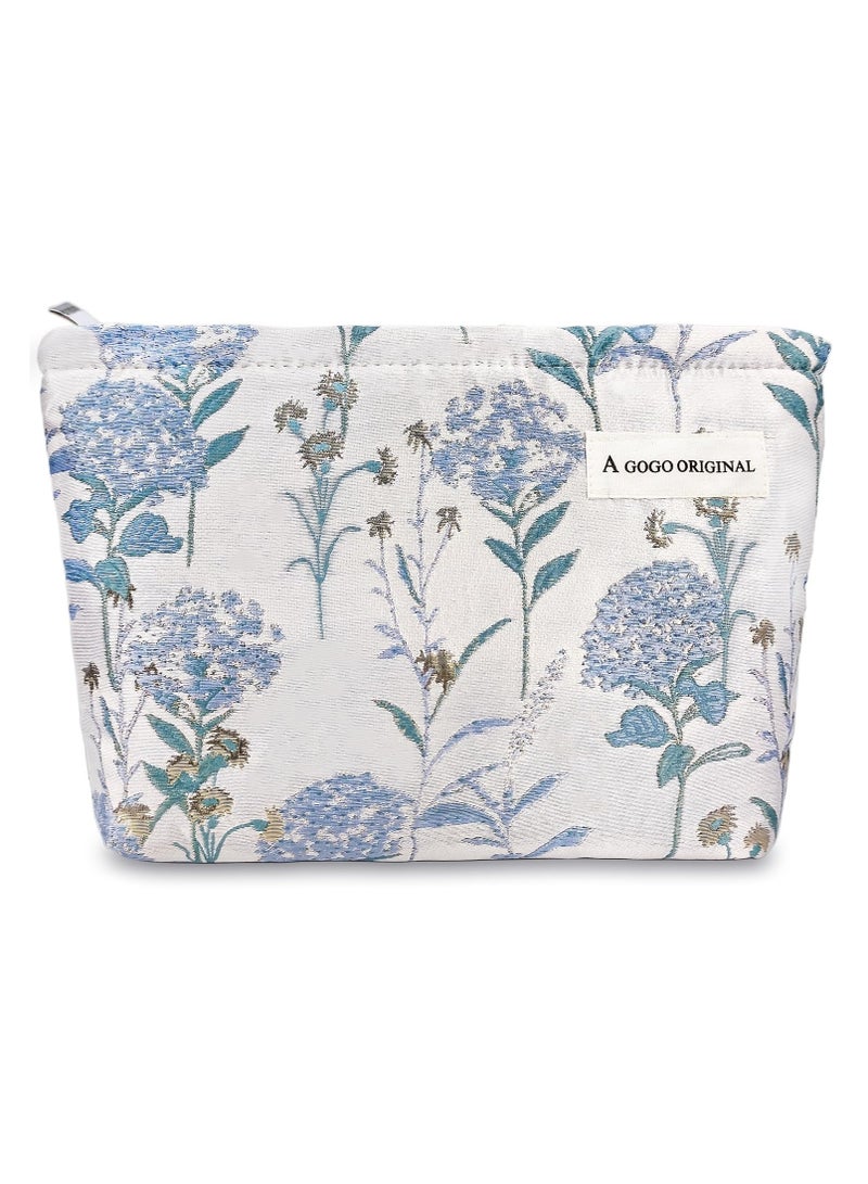 Luxury Makeup Bag for Women, Large Capacity Canvas Toiletry Organizer with Zipper, Floral Oil Painting Embossed Design, Travel Cosmetic Bag (Blue Gold Dandelion) - Image 1