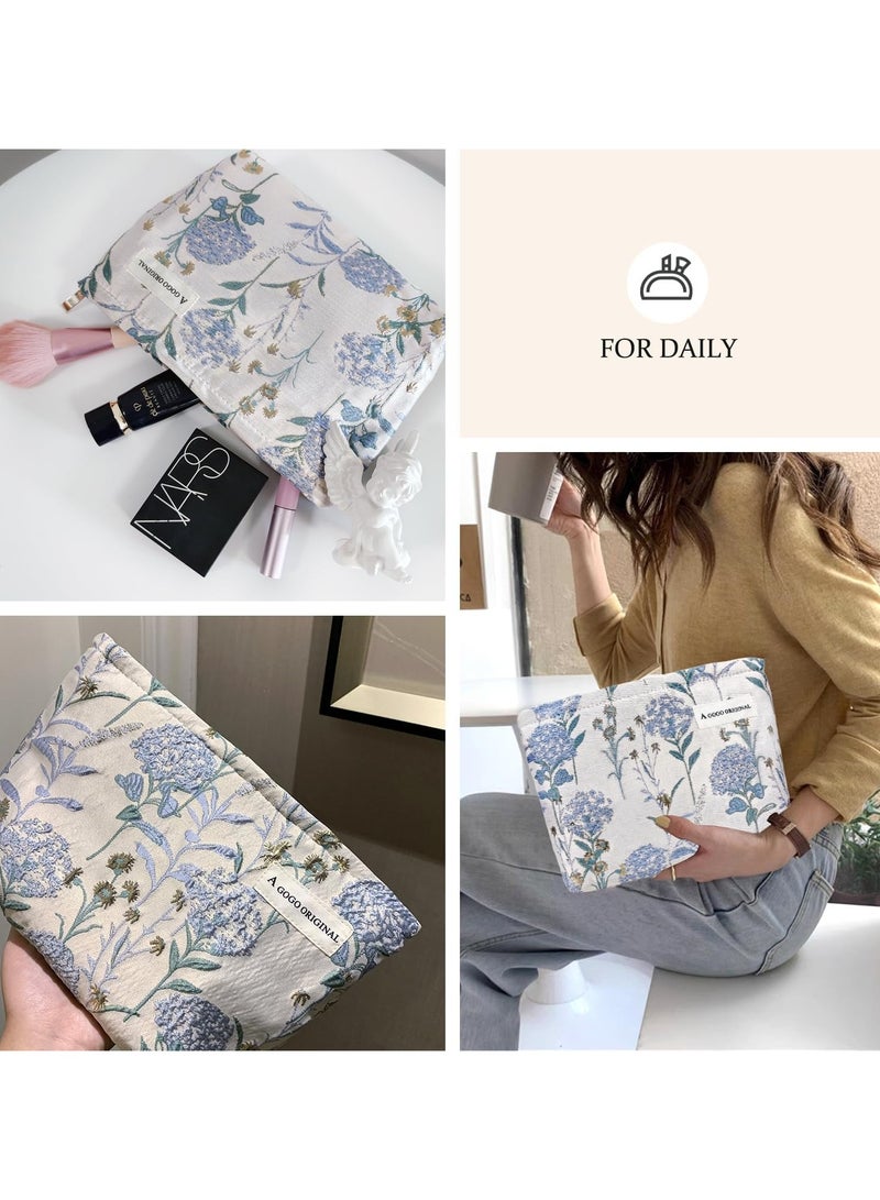 Luxury Makeup Bag for Women, Large Capacity Canvas Toiletry Organizer with Zipper, Floral Oil Painting Embossed Design, Travel Cosmetic Bag (Blue Gold Dandelion) - Image 5