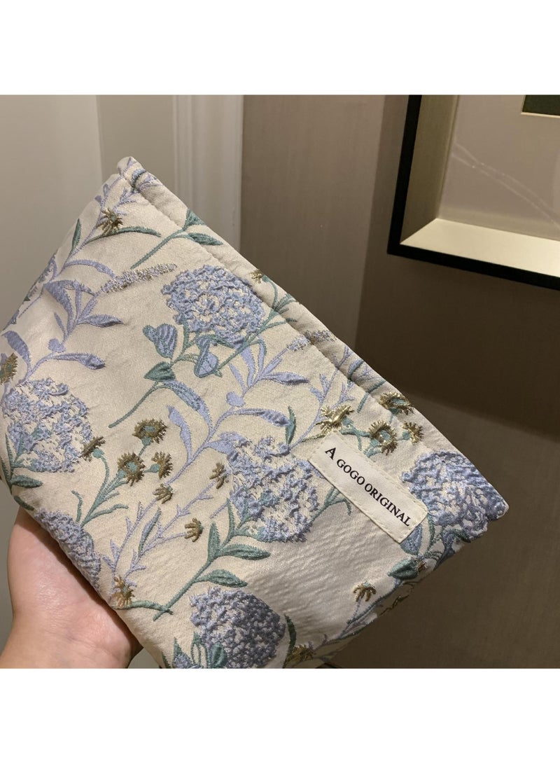 Luxury Makeup Bag for Women, Large Capacity Canvas Toiletry Organizer with Zipper, Floral Oil Painting Embossed Design, Travel Cosmetic Bag (Blue Gold Dandelion) - Image 2